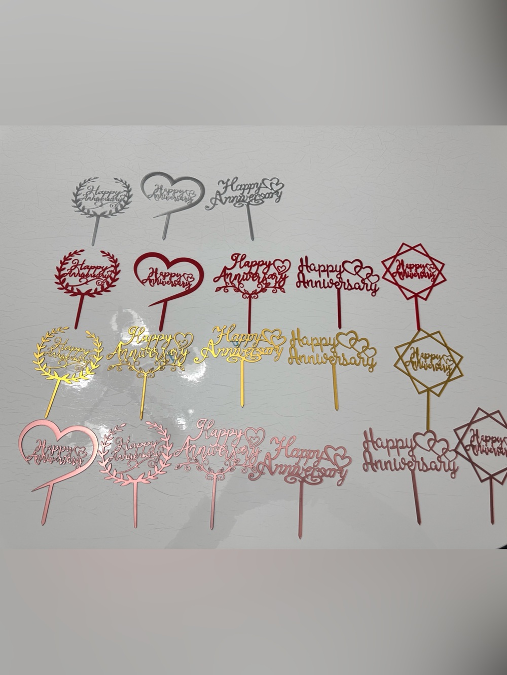 Happy Anniversary Cake Toppers - Gold, Rose Gold, Red, Silver 19 counts